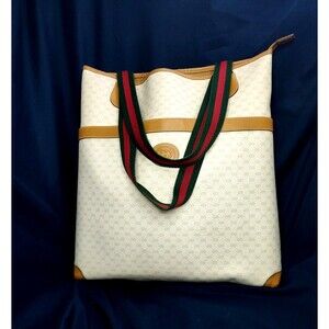 Vtg Gucci Micro GG Canvas Tote Bag 002.39.0163 Beige Brown w Web Stripe Handle